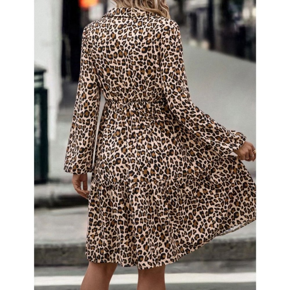 LAST ONE 🔥 Leopard Print Lantern Sleeve Ruffle Hem Dress - Picture 2 of 5
